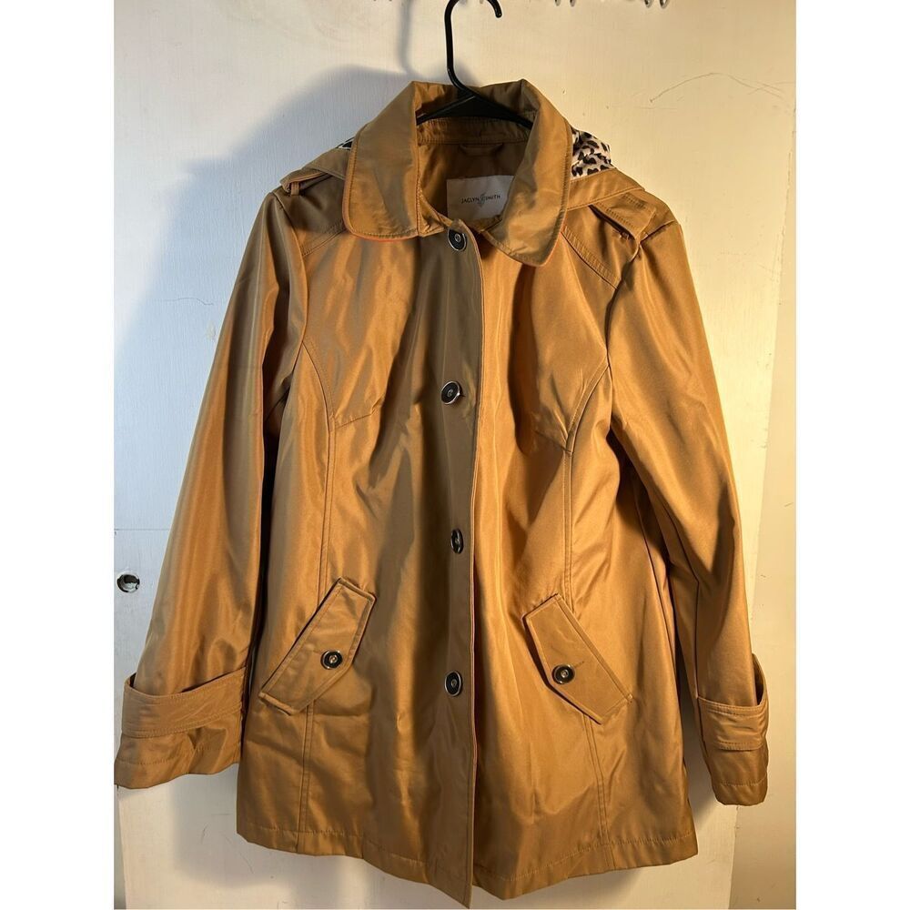 Jaclyn Smith m rain jacket coat brown‎ animal buttons rn#42000